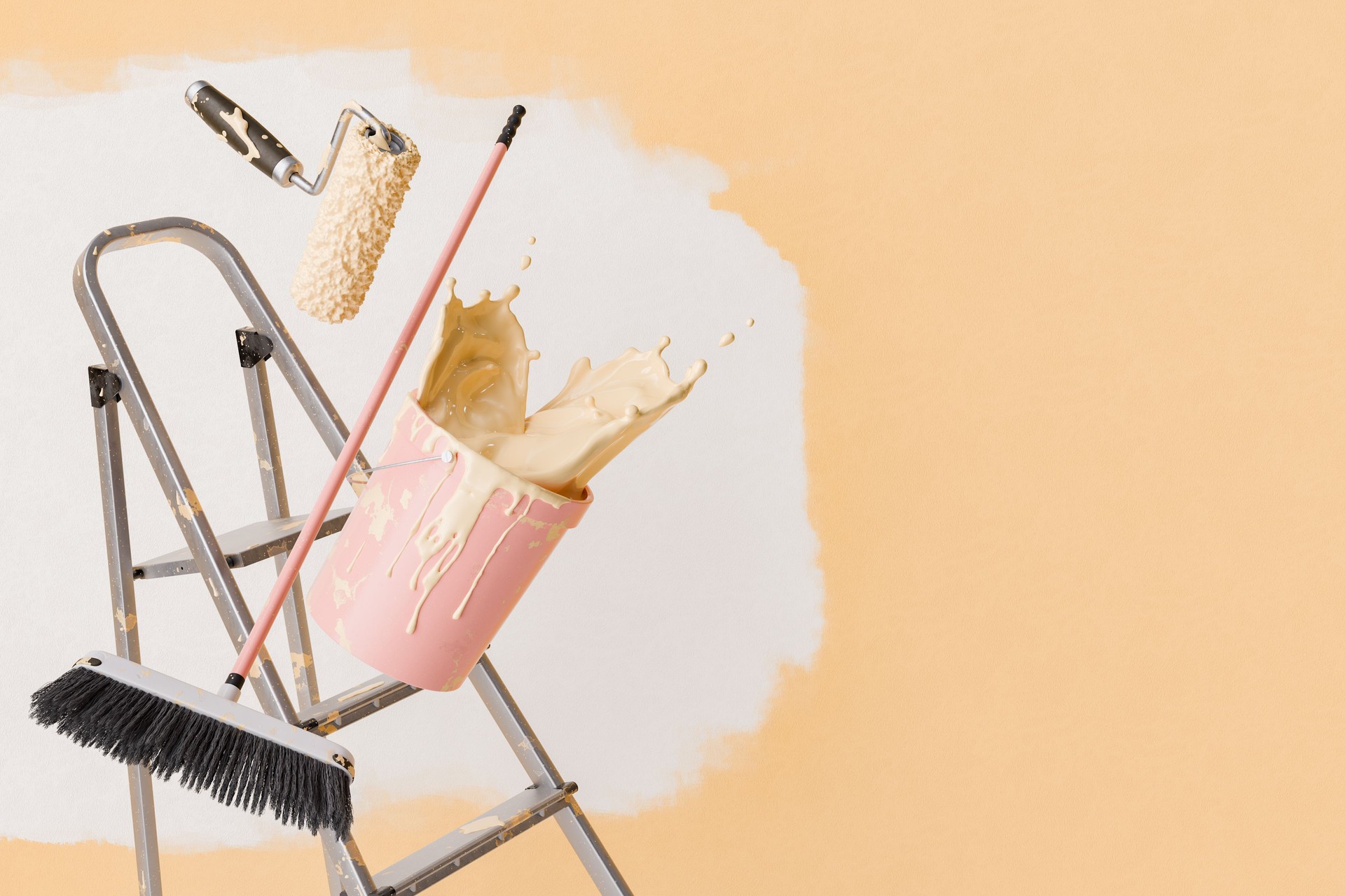 3D Rendering of Dynamic Paint Spill from Bucket on Ladder